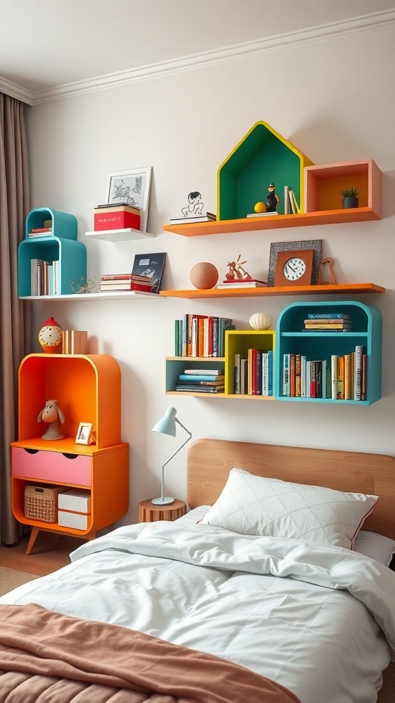 Colorful whimsical bookshelf designs in a cozy bedroom setting