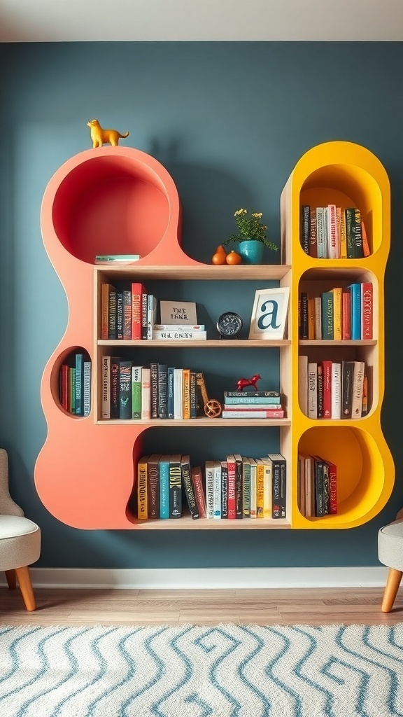 A colorful and whimsical bookshelf with pink and yellow sections, displaying books and decorative items.