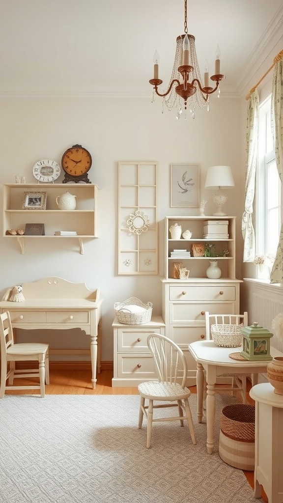 A whimsical children's room featuring soft neutral colors, vintage furniture, and a cozy atmosphere.