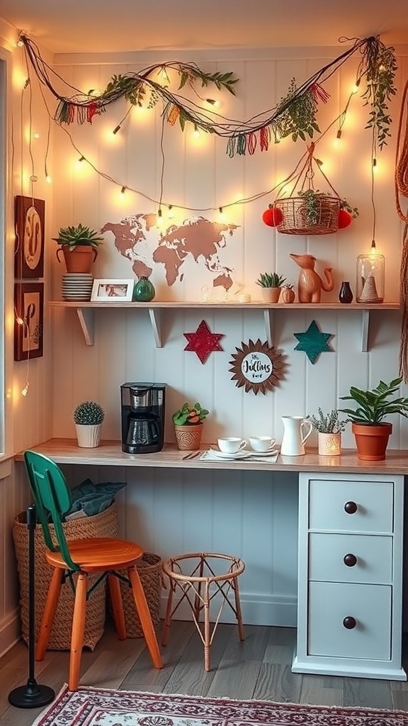 A cozy coffee nook with fairy lights, plants, and a coffee maker, featuring a wooden shelf and colorful decor.