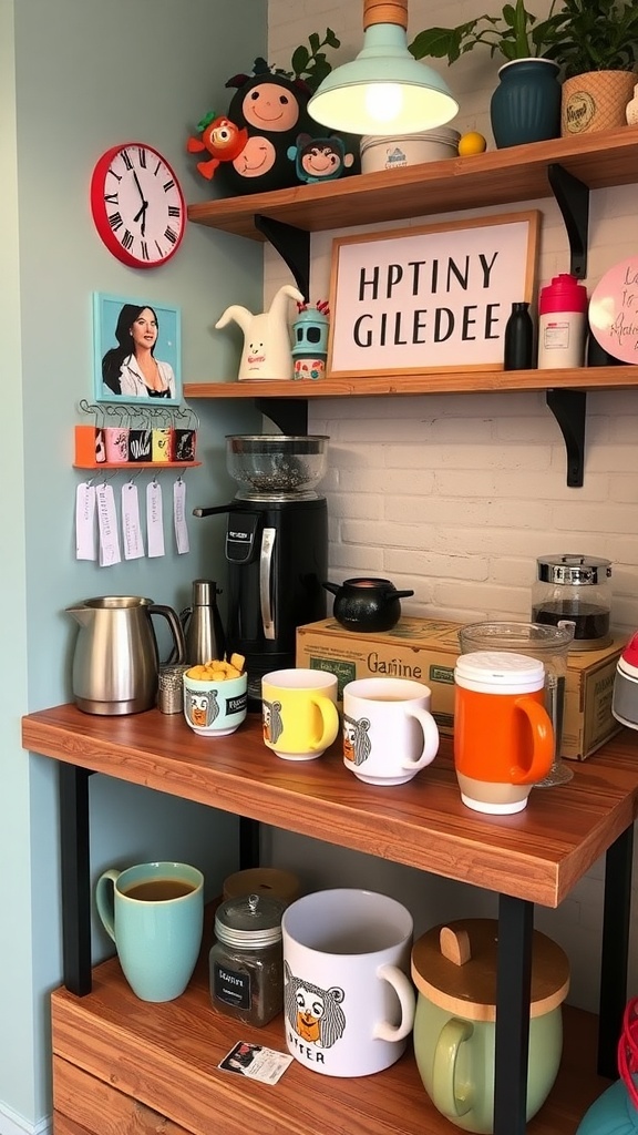 A cozy coffee bar setup with a 'COFFEE' wall decoration, colorful mugs, and coffee-making tools.