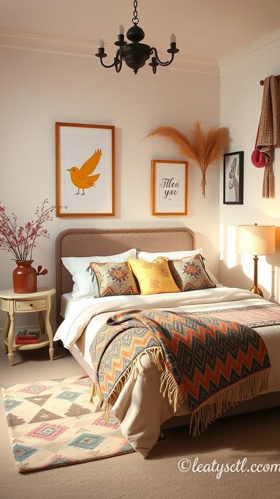 A cozy bedroom featuring whimsical decor with colorful pillows, artwork, and a patterned rug.