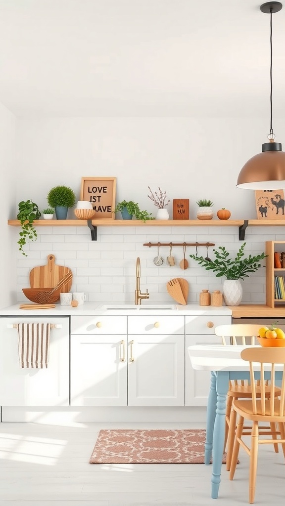 A bright white kitchen featuring playful decor, wooden accents, and colorful elements.