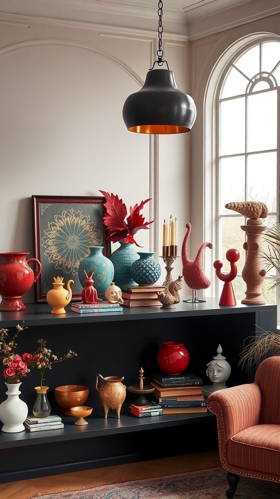 A collection of whimsical decorative objects in vibrant colors, including vases and sculptures, arranged on a shelf.