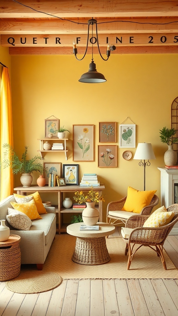 Ein helles, sonniges Wohnzimmer mit buttergelben Wänden, rustikalen Möbeln und verspielten Designelementen.