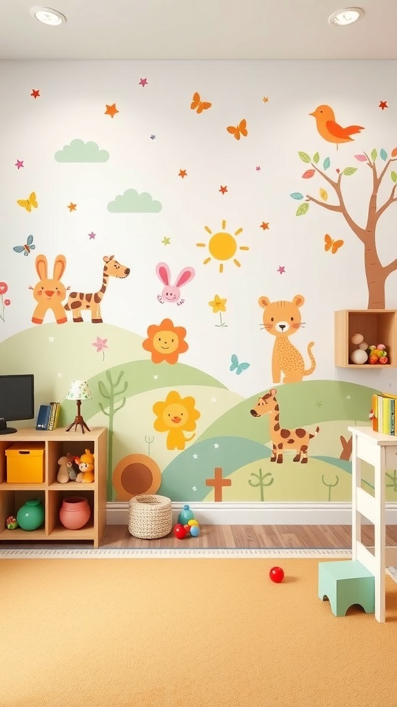 A colorful mural in a child's room featuring trees, animals, and butterflies, with the text 'Hlle's Play Midse Fale.'