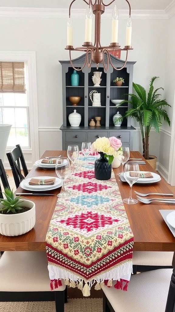 A colorful DIY table runner on a wooden dining table with elegant table settings.