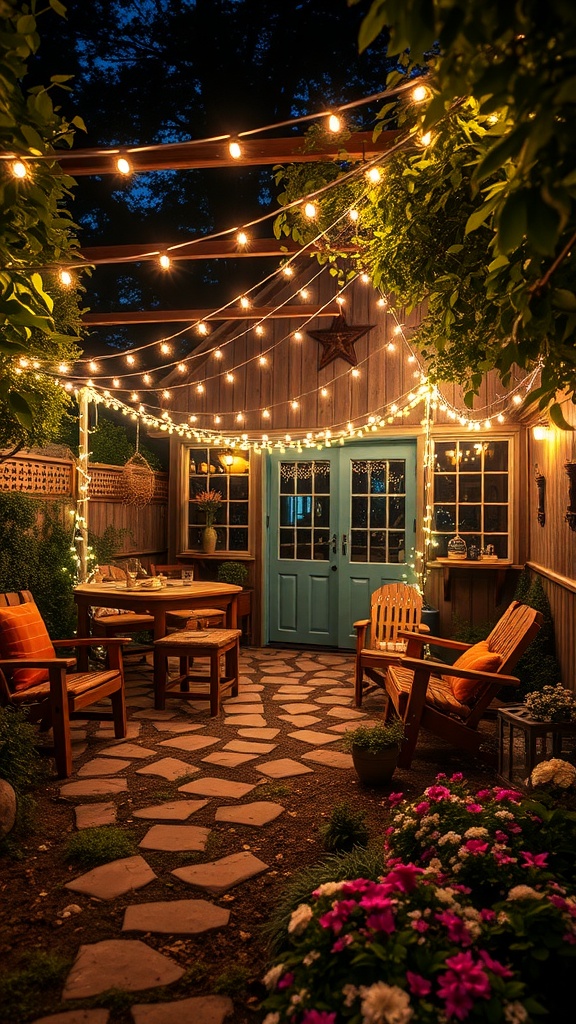 A cozy outdoor patio with string lights hanging above, featuring a wooden table and chairs, stone path, and colorful flowers.