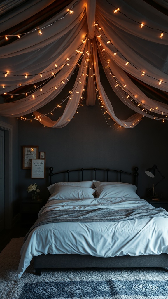 A cozy bedroom featuring a fairy light canopy made of soft fabric and twinkling lights, creating a warm and inviting atmosphere.