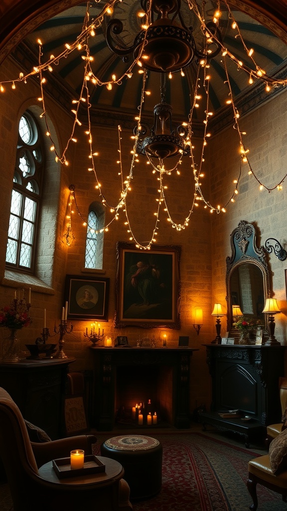 A cozy room with fairy lights hanging from the ceiling, creating a warm and inviting atmosphere.