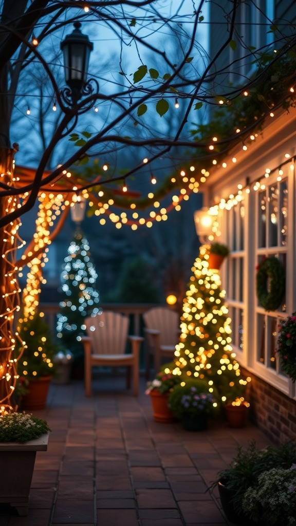 A cozy outdoor space decorated with fairy lights and potted plants.