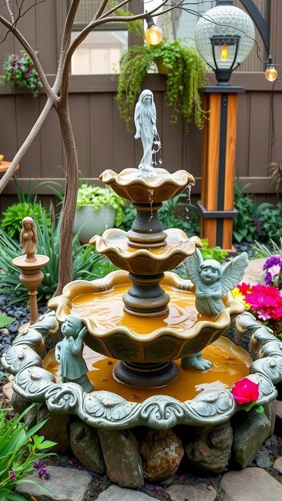 A whimsical garden fountain featuring cherubs and flowing water, surrounded by colorful flowers.