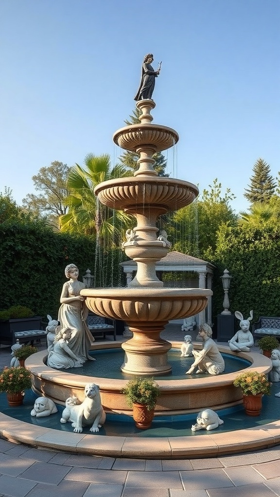 A whimsical fairy tale fountain with a statue on top and playful animal sculptures around it.