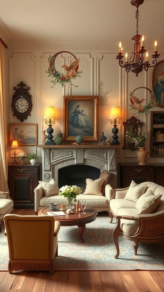 A cozy living room with fairy tale wall art and elegant decor.