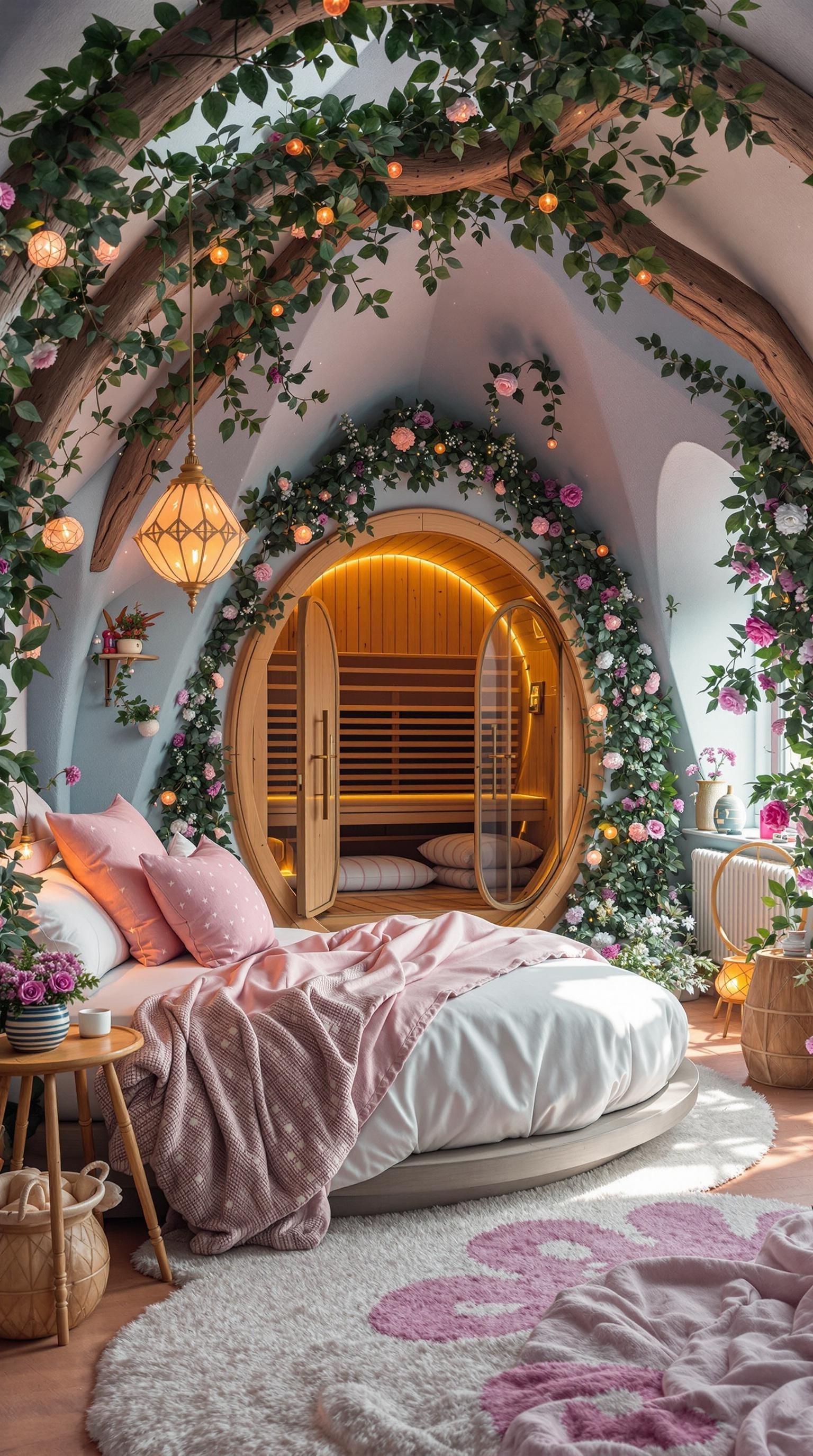A cozy bedroom with white bedding, wooden accents, and soft drapes, creating a whimsical fairytale atmosphere.