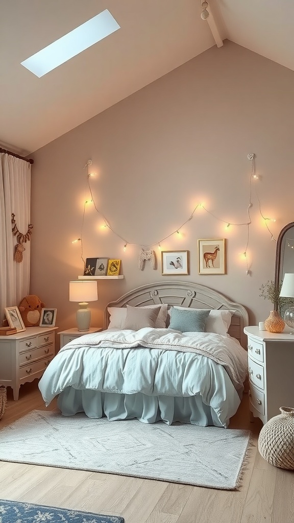 A cozy bedroom with light blue bedding, fairy lights, and animal-themed artwork.