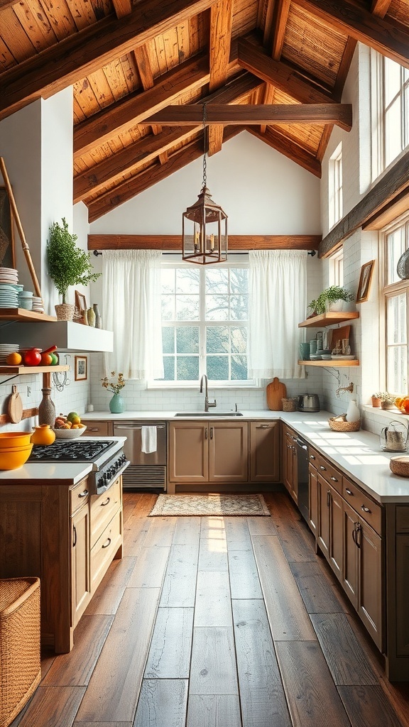 A cozy kitchen with wooden beams, large windows, and a mix of cabinetry, showcasing a whimsical farmhouse style.