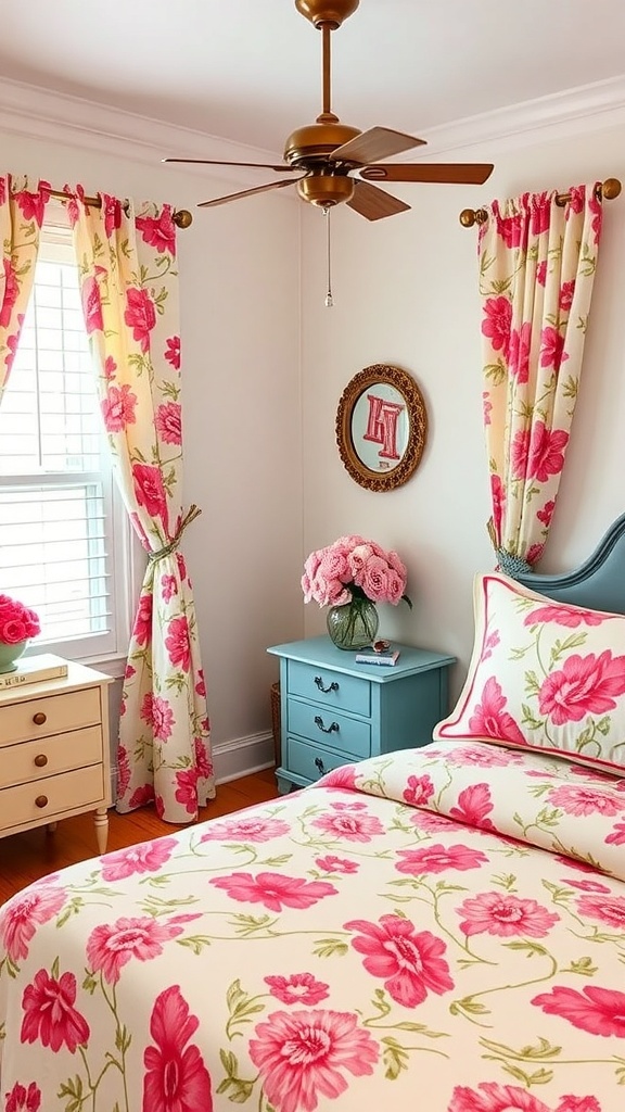 A bright and cheerful bedroom featuring floral patterns on bedding and curtains, with a blue nightstand and a pink flower arrangement.