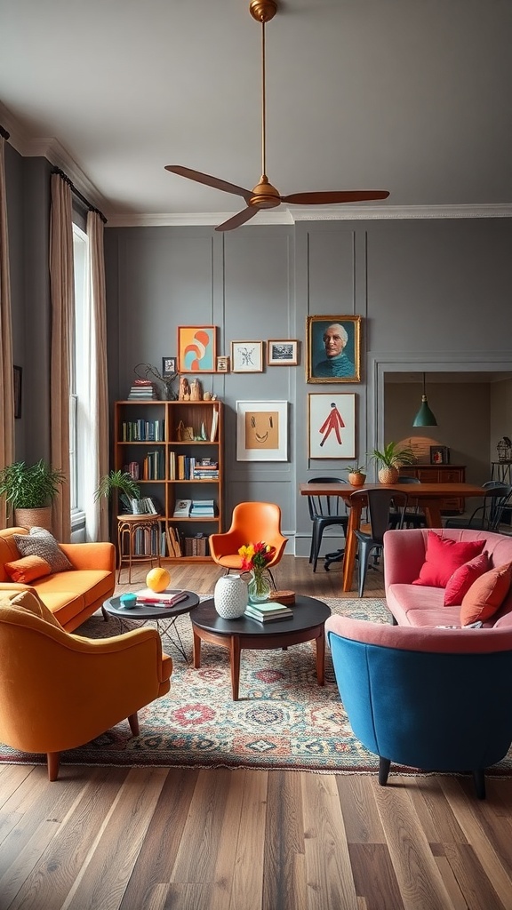 A colorful living room featuring whimsical furniture choices, including orange and pink chairs, a round coffee table, and eclectic wall art.