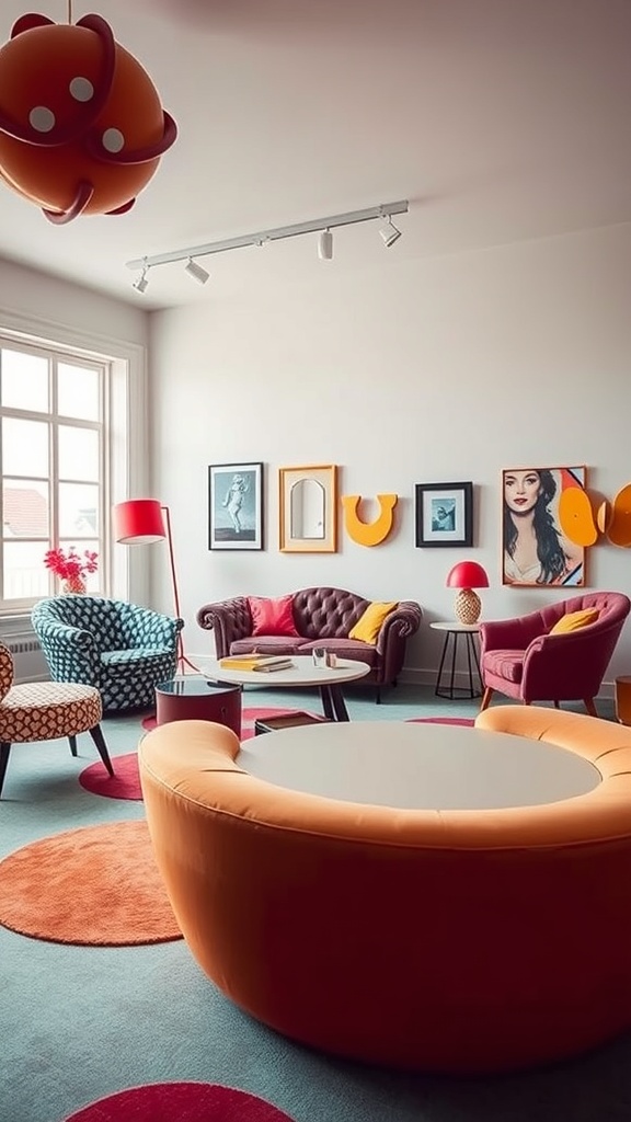 A colorful living room featuring eclectic furniture and decor.