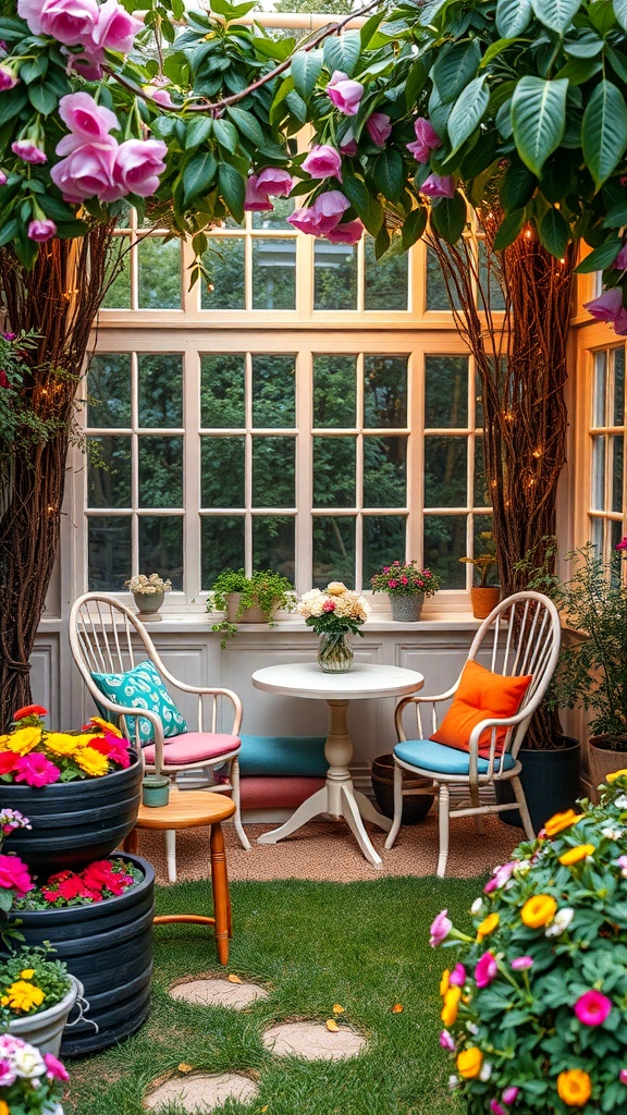 A cozy garden coffee nook with colorful flowers and comfortable chairs.