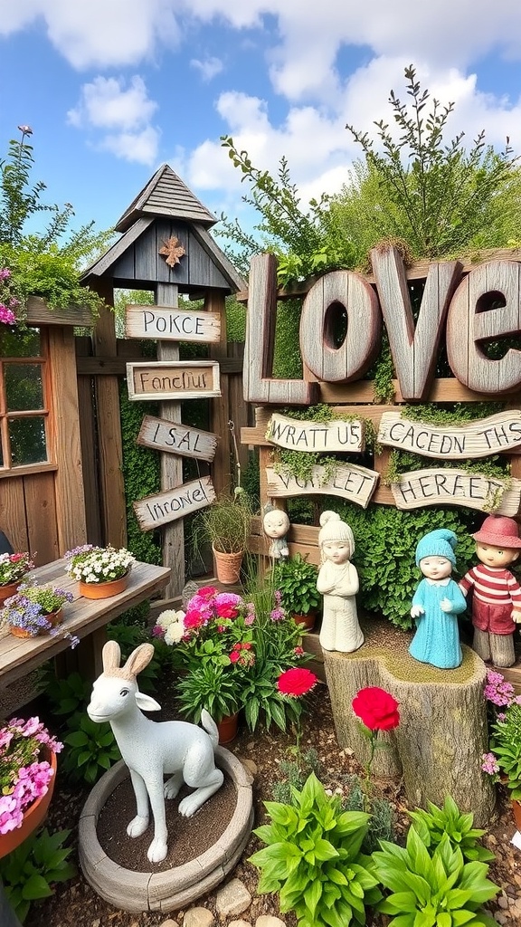 A whimsical garden corner featuring a wooden sign, decorative animal statues, and various plants in unique pots.