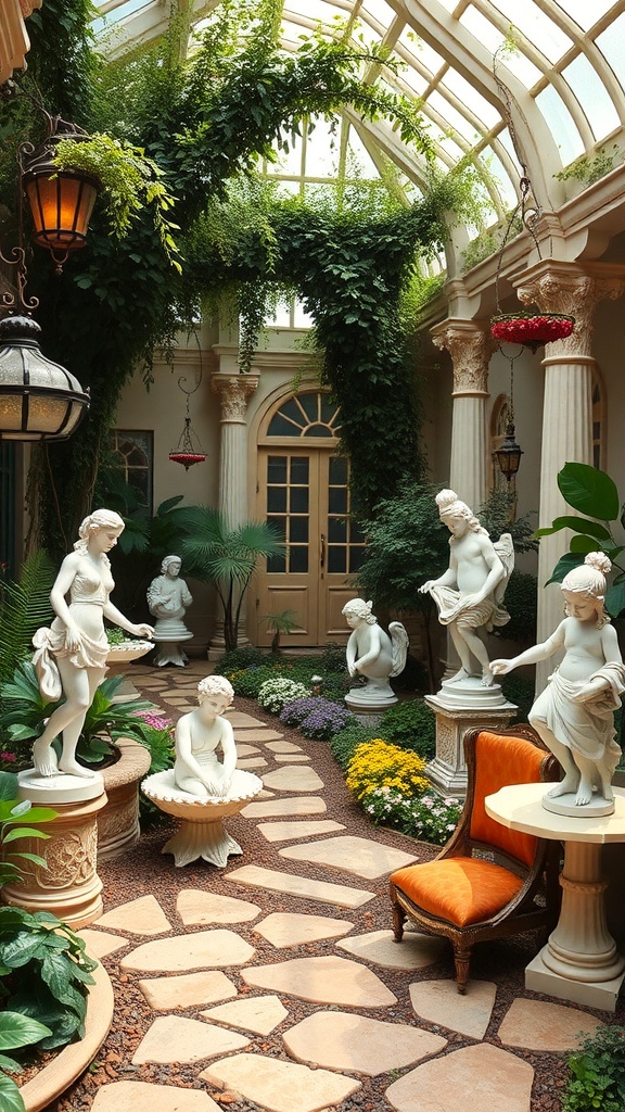 An ornate garden with white statues, lush greenery, and a stone pathway.