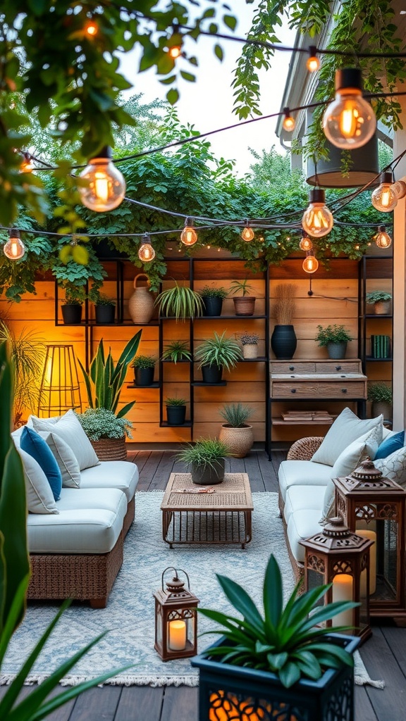 A cozy patio with garden lanterns and plants, creating a warm atmosphere.