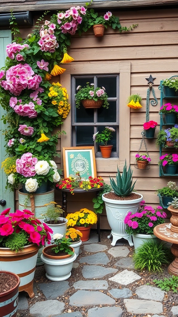 A whimsical garden featuring vintage planters filled with colorful flowers, cascading blooms around a window, and a charming rustic aesthetic.
