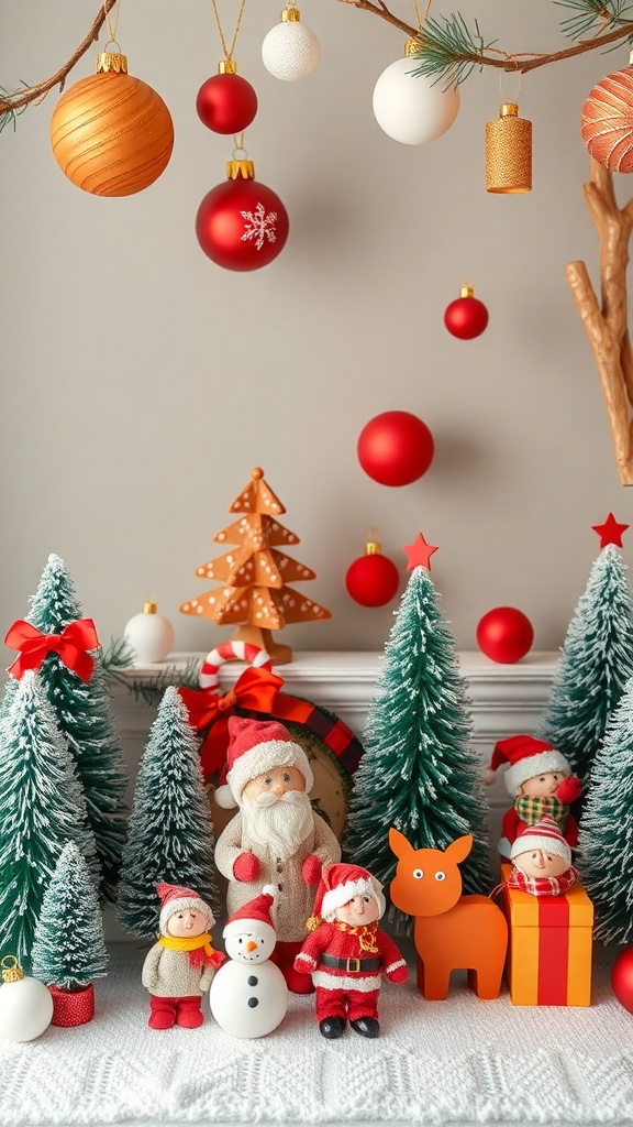 A whimsical holiday display featuring colorful ornaments, snowy trees, and cheerful figurines.