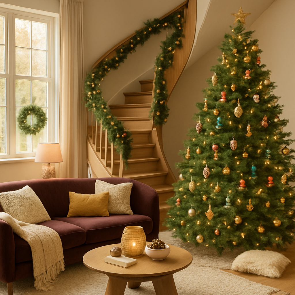 Gemütlicher Raum mit Weihnachtsbaum, geschmückter Treppe und einladendem Sofa