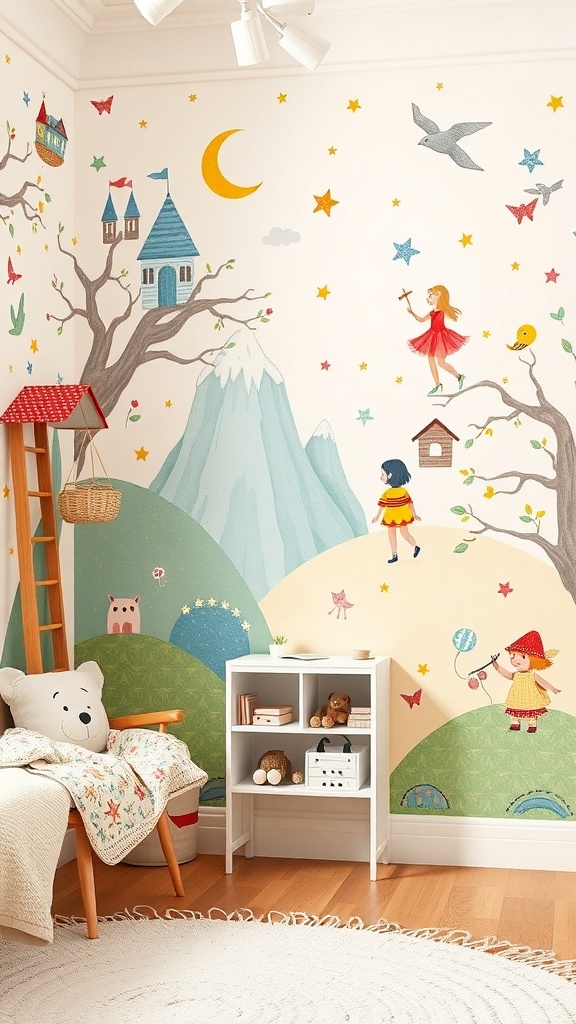 A whimsical wall mural featuring colorful illustrations of trees, castles, and children playing in a magical landscape.