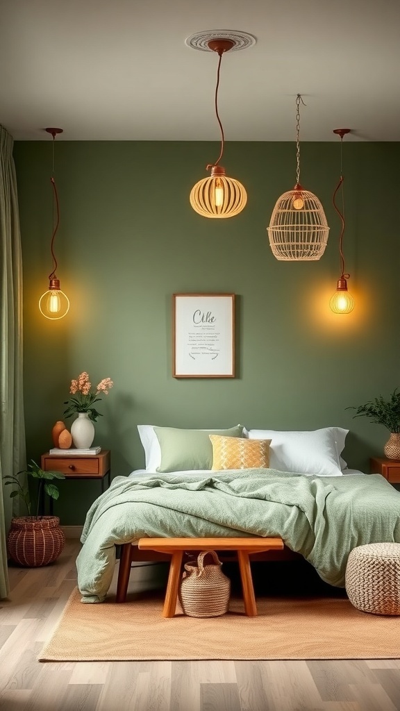 A cozy sage green boho style bedroom featuring unique whimsical lighting fixtures.
