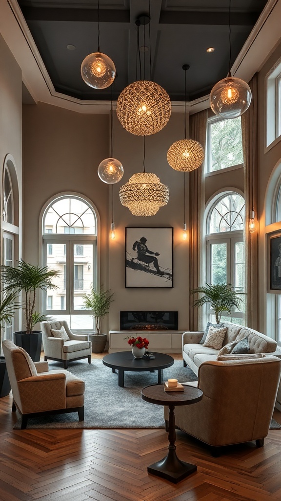 A cozy lounge with whimsical lighting fixtures, featuring woven and glass designs, creating a warm atmosphere.