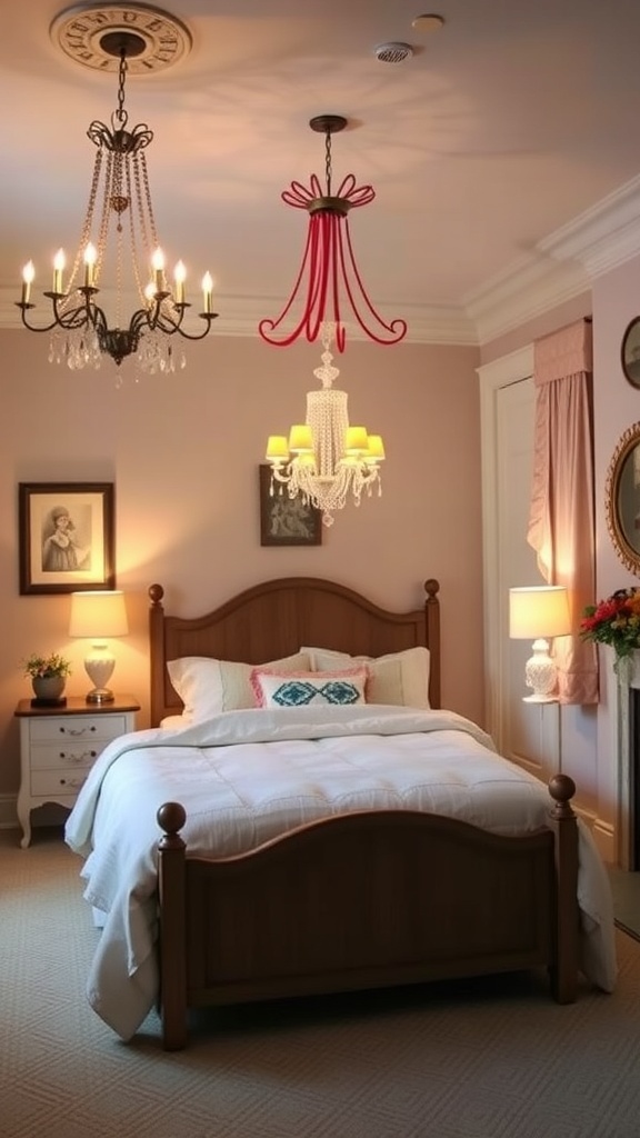 A cozy bedroom featuring a mix of whimsical lighting fixtures, including a classic chandelier and a playful red chandelier.