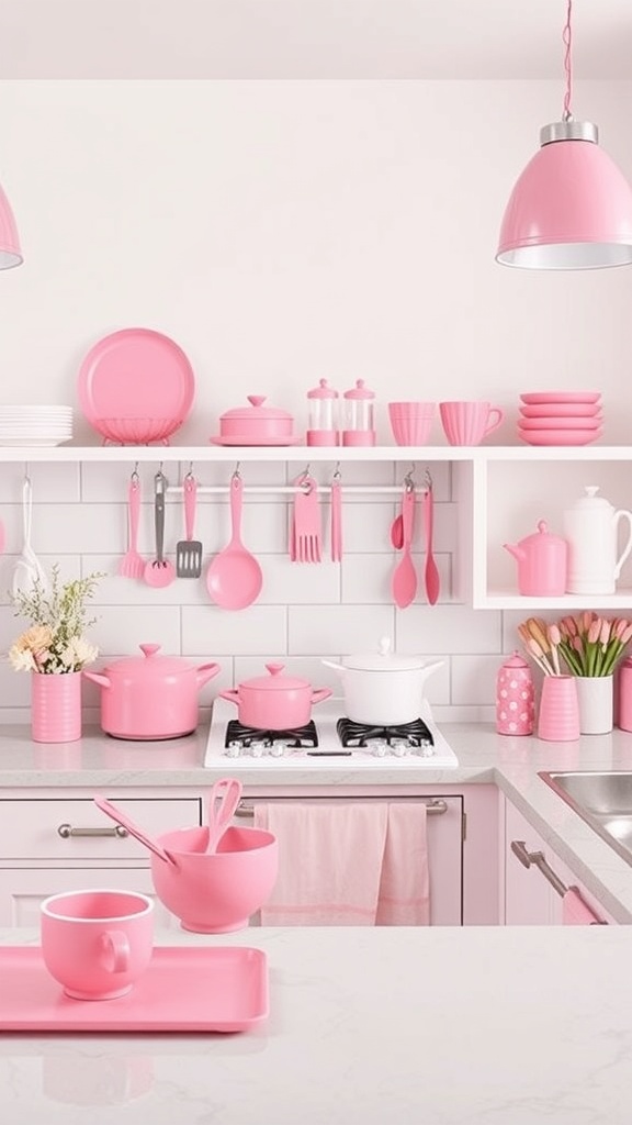 Modern pink kitchen with various pink utensils and accessories