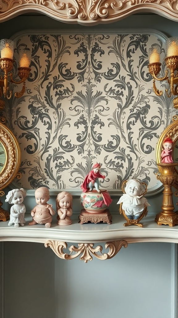A vintage shelf displaying whimsical Rococo figurines and ornate lighting against a patterned wallpaper.
