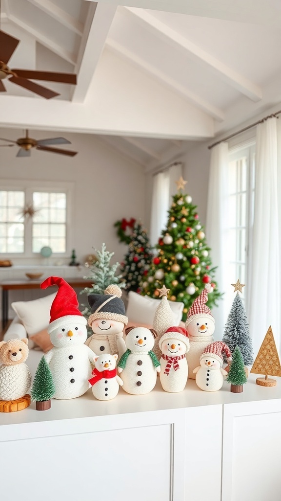 A collection of whimsical snowman figurines with a Christmas tree in the background.