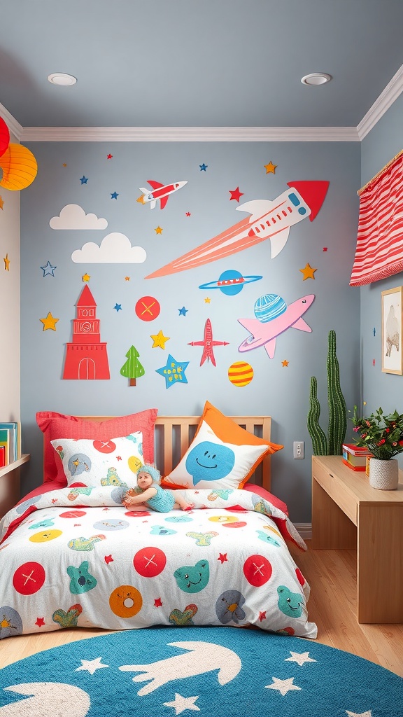 A colorful kids bedroom featuring playful wall decals of rockets and planets, cheerful bedding, and a cozy rug.