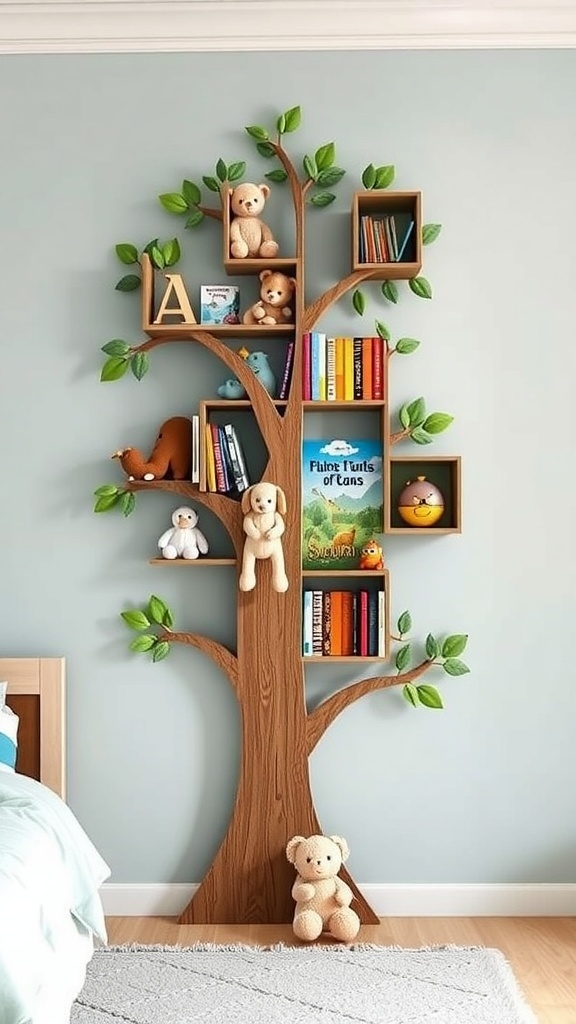 A whimsical tree bookshelf with shelves shaped like branches, decorated with stuffed animals and books.