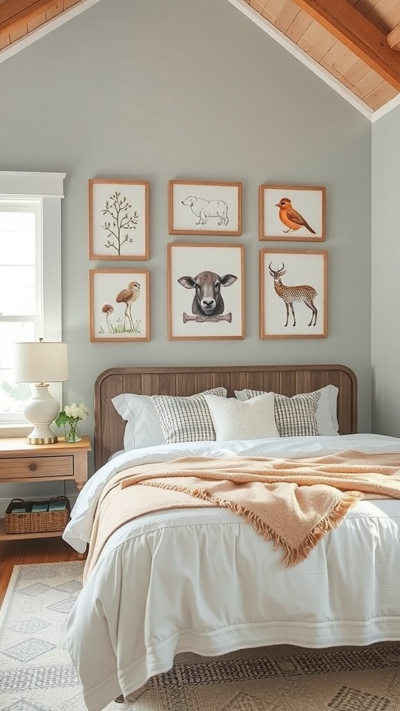 Cozy farmhouse bedroom with whimsical wall art featuring botanical prints.