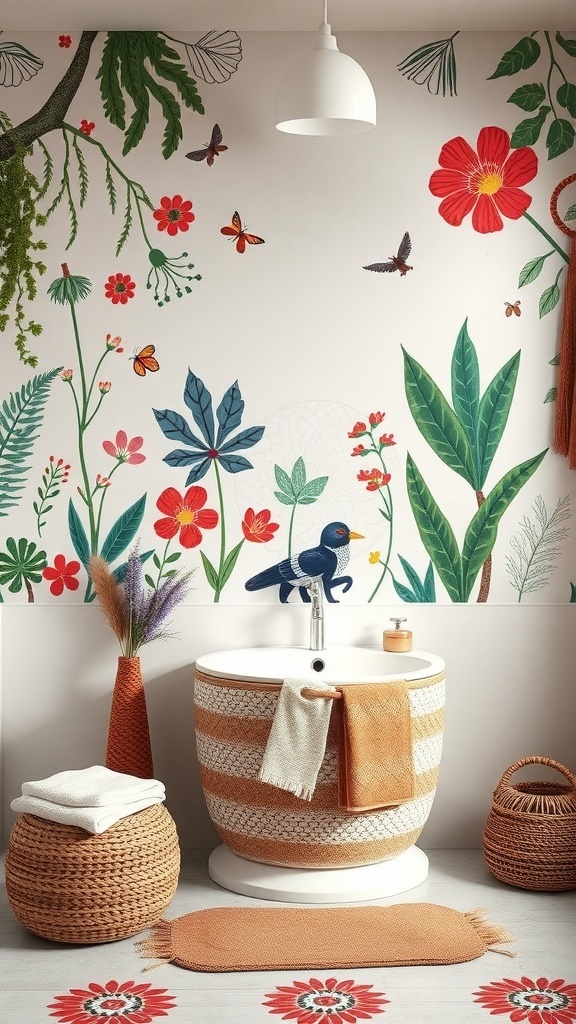 A boho bathroom featuring a vibrant mural of flowers and butterflies on the wall, with a stylish round sink and woven baskets.