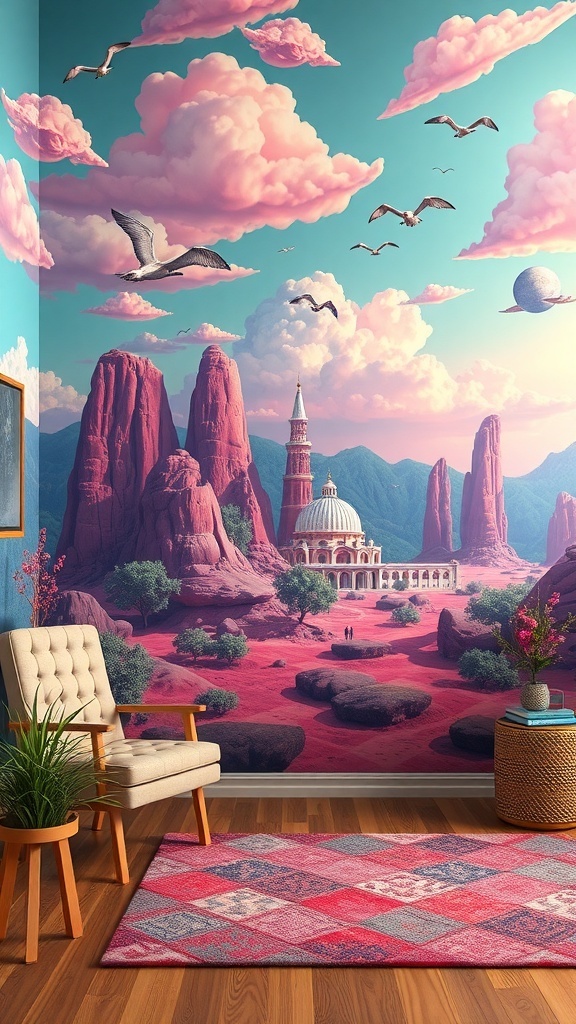 A whimsical wall mural depicting a dreamy landscape with pink clouds, mountains, and a beautiful structure.