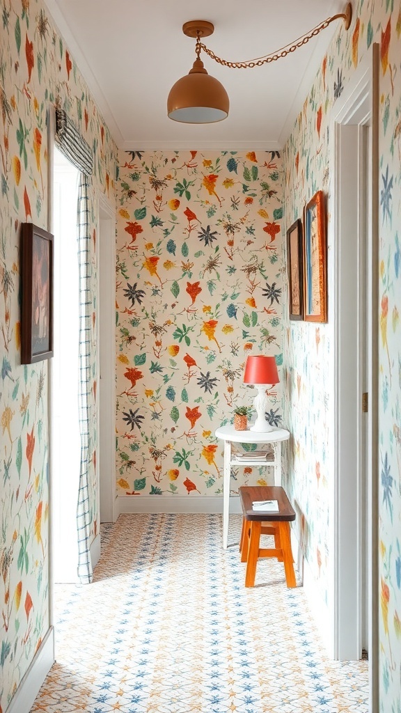 A colorful hallway featuring whimsical wallpaper with floral and bird designs, a small white table, and a red lamp.