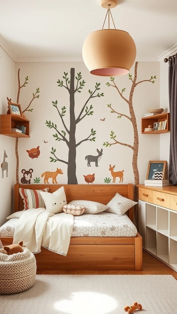 A cozy kids bedroom featuring woodland-themed murals, wooden furniture, and a soft rug.