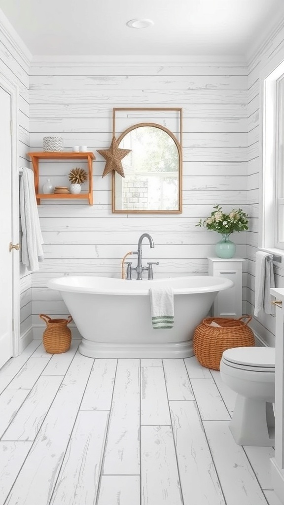 A bathroom featuring whitewashed wood tiles, a freestanding tub, and coastal decor.