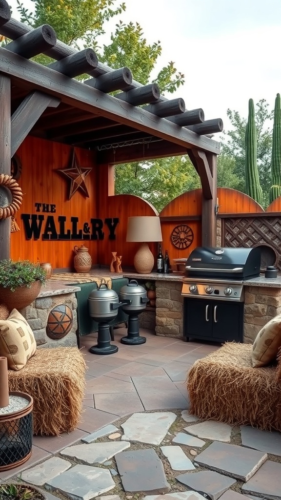 Wild West themed outdoor BBQ corner with wooden structure, grill, and rustic decor.