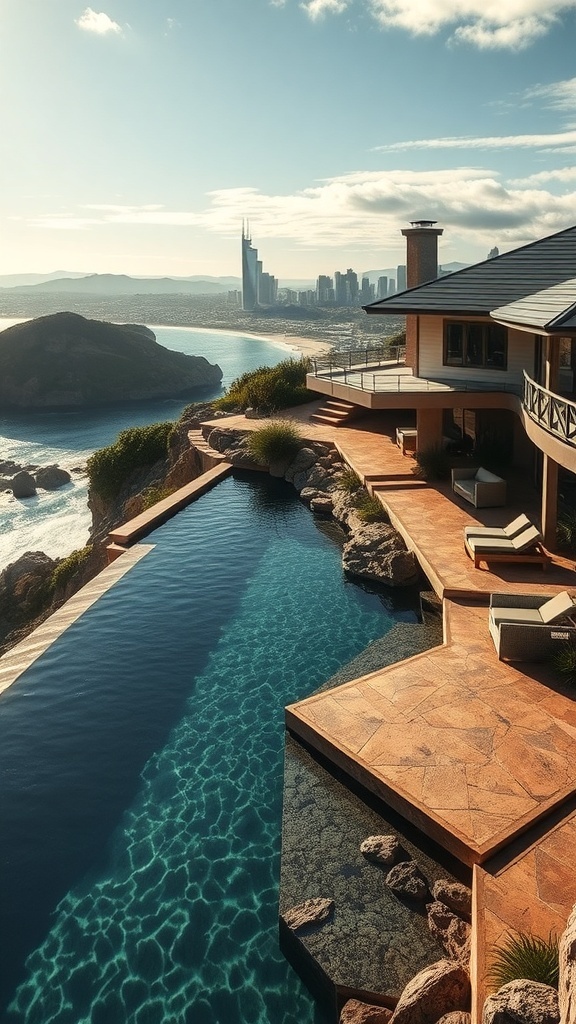 Aussicht auf einen Naturpool mit Blick auf die Küste und die Stadt in Australien.