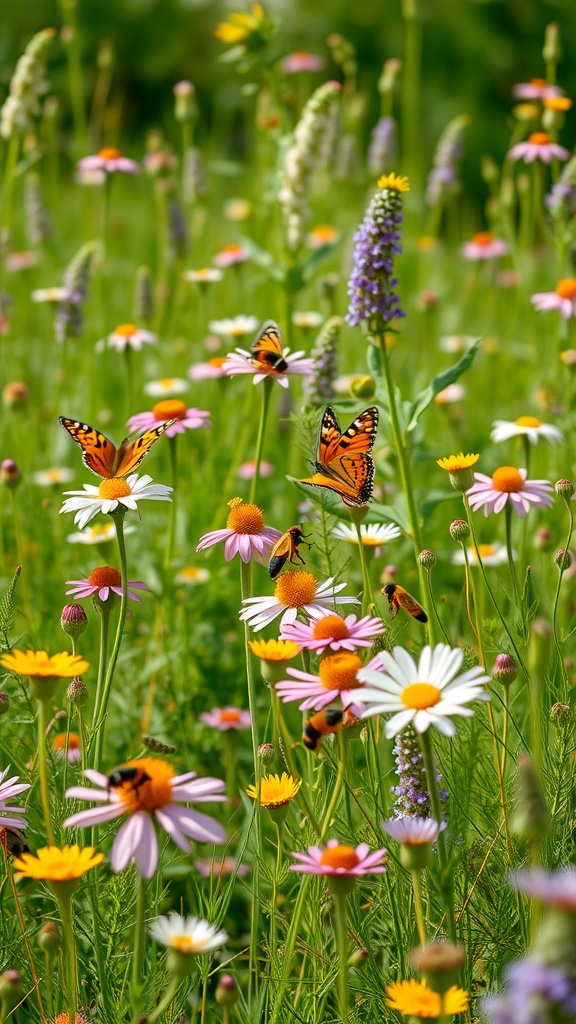 A colorful wildflower meadow with butterflies and bees, showcasing a variety of flowers.