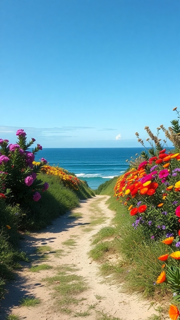 A sandy coastal path lined with colorful wildflowers leading to the ocean.